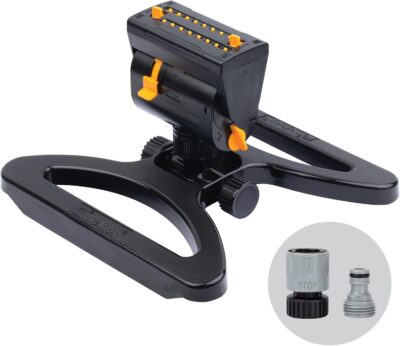 Melnor MiniMax Turbo Oscillator Sprinkler - 4000 Sq Ft Coverage + Quick Connect Kit - Black/Yellow