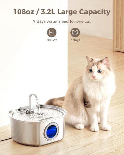 Stainless Steel Cat Water Fountain 108oz/3.2L - Automatic Pet Drinking Dispenser Bowl for Indoor Cats - Image 2