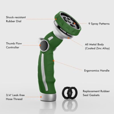 RESTMO Heavy Duty Hose Nozzle - 9 Pattern Metal Garden Sprayer - High Pressure Thumb Control - Image 2