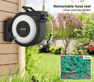 Tuyeho 130 FT Retractable Garden Hose Reel - Heavy Duty Wall Mount with Slow Rewind & 2 Nozzles - Image 2