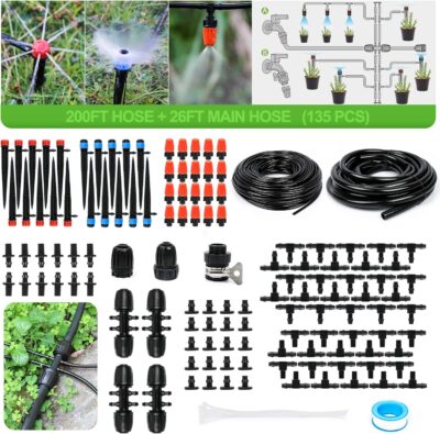 MIXC 226FT Greenhouse Micro Drip Irrigation Kit - Automatic Plant Watering System with Adjustable Nozzles & 1/4" 1/2" Tubing