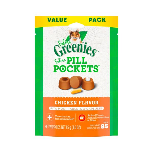 FELINE GREENIES PILL POCKETS for Cats Natural Soft Cat Treats, Chicken Flavor, 3 oz. Pack (85 Treats)