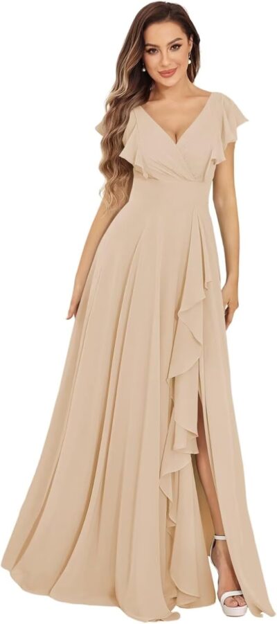 V Neck Ruffles Bridesmaids Dress Long Chiffon Formal Prom Party Evening Gown with Slit for Women DN52