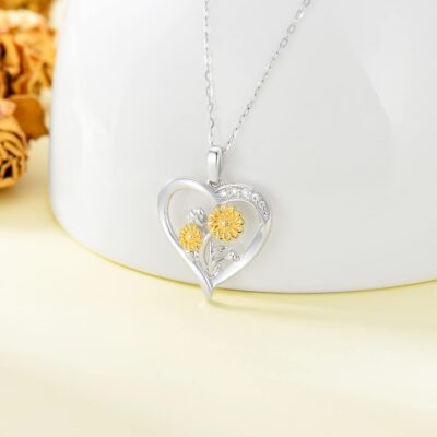 14K Real Gold Nature Diamond Heart Necklace for Women,White/Yellow Gold Sunflower Heart Pendant | You are My Sunshine,Anniversary Birthday Love Jewelry Gifts for Wife Mom 16"-18'' - Image 4