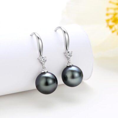 18K Gold 10-11mm Tahitian Pearl Pendant Necklace and 925 Sterling Silver 9-10mm Pearl Dangle Earrings Jewelry Set - Image 2