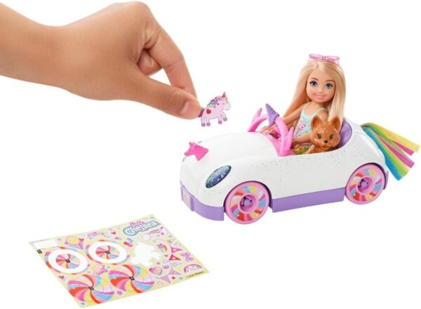 Barbie Chelsea Doll & Toy Car with Unicorn Theme, Blonde Small Doll in Removable Skirt, Pet Puppy, Sticker Sheet & Accessories - Image 5