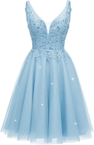 Sparkly Tulle Homecoming Dress - V-Neck Short Prom Cocktail Mini for Teens