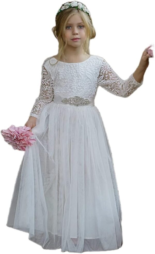 Girls Toddler Communion Full-Length Straight Tulle Boho Eyelash Lace Back Party Flower Girl Dress with Belt