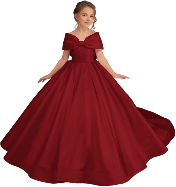 Satin Flower Girl Dress with Bow - Off Shoulder First Communion Dress for Girls Pageant Dresses