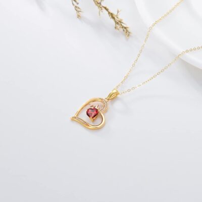 14K Gold Love Heart Pendant Necklace with Garnet, Heartbeat Necklace Valentine's Day Anniversary Jewelry Gift for Wife Mom - Image 4