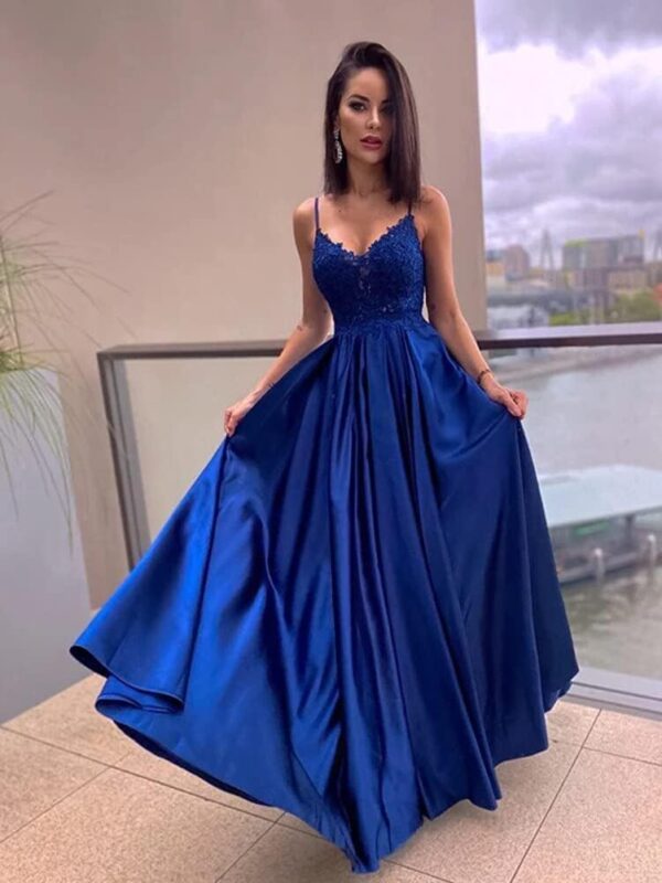 Satin V Neck Prom Dress Long with Pockets A Line Spaghetti Straps Appliques Evening Party Ball Gown - Image 4