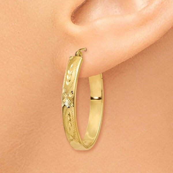 Roy Rose Jewelry 14K Yellow Gold Satin & Diamond-Cut Oval Hoop Earrings ~ 4mm width - Image 3