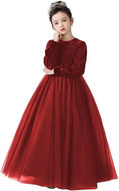 Girls Velvet Maxi Dress Long Sleeve - Elegant Flower Girl Dress for Party Wedding (4-16 Years)