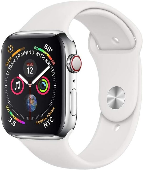 Apple Watch Series 4 (GPS + Cellular, 44MM) - Stainless Steel Case with White Sport Band (Renewed)