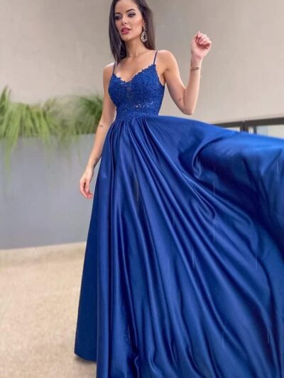 Satin V Neck Prom Dress Long with Pockets A Line Spaghetti Straps Appliques Evening Party Ball Gown - Image 3