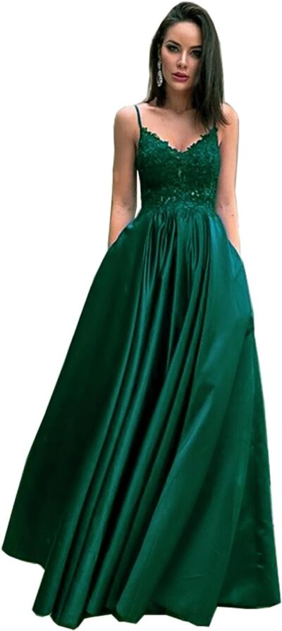 Satin V Neck Prom Dress Long with Pockets A Line Spaghetti Straps Appliques Evening Party Ball Gown