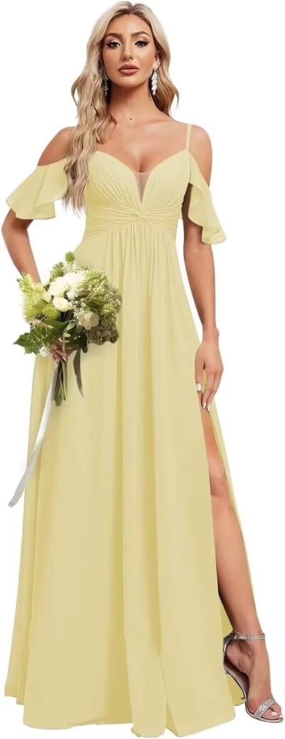 Dessiny Off The Shoulder Bridesmaid Dresses for Women with Slit A Line Chiffon Long Formal Party Dress with Pockets DE01