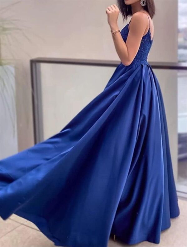 Satin V Neck Prom Dress Long with Pockets A Line Spaghetti Straps Appliques Evening Party Ball Gown - Image 2