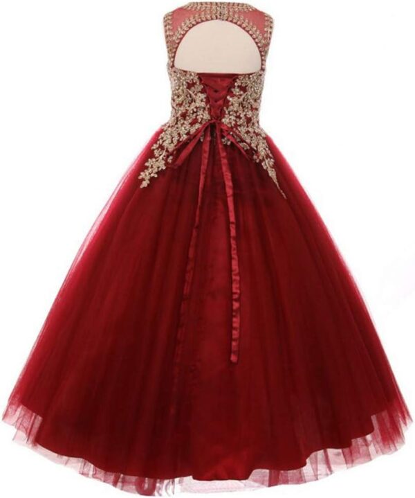 Formal Little Girls Long Pageant Dresses Prom Ball Gown Gold Lace Burgundy Tulle - Image 3