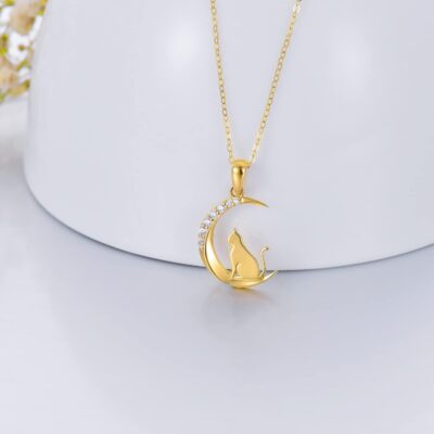 14k Gold Cat and Moon Pendant Necklace for Women, Real 14 Karat Gold Jewelry for Wife/Girlfriend, Birthday Gifts for Her, 16-18 Inch - Image 4