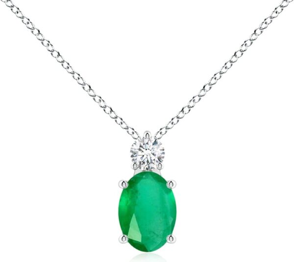 Angara Natural Oval Emerald Solitaire Pendant with Diamond in Silver / 14K Solid Gold/Platinum | May Birthstone, Birthday, Engagement, Anniversary, Wedding Jewelry Gift for Women