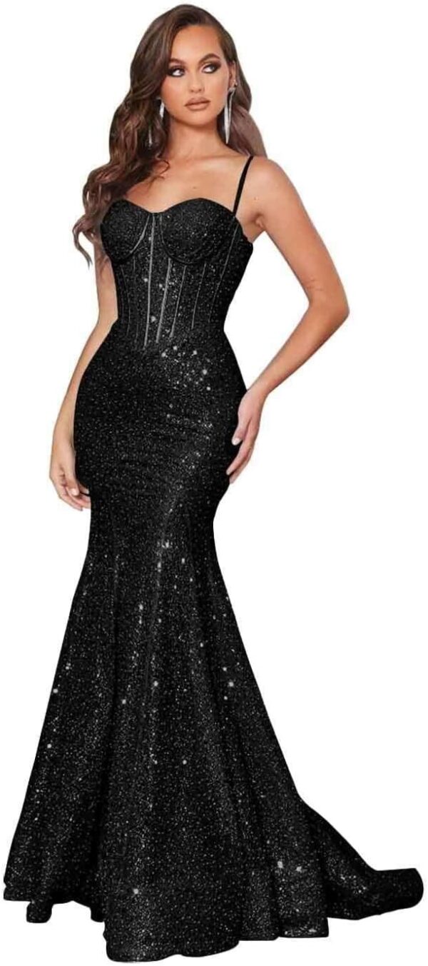 Sparkly Sequin Prom Dresses Long for Teens Spaghetti Strap Glitter Mermaid Evening Gown