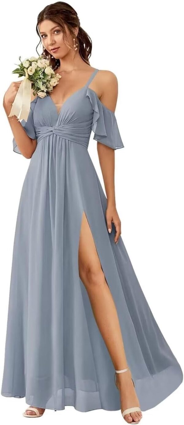 Dymaisei Cold Shoulder Chiffon Bridesmaid Dresses Spaghetti Straps Formal Party Dress with Slit