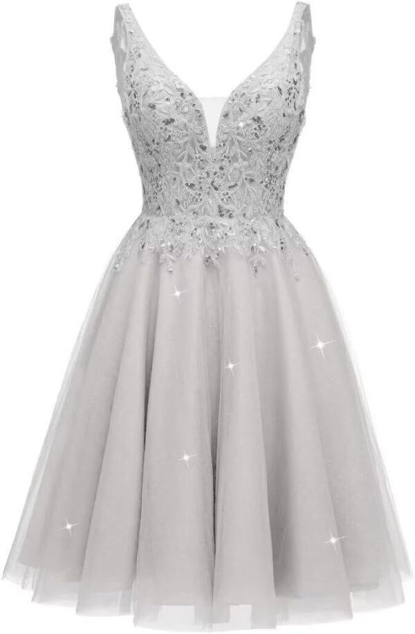 Tulle Homecoming Dresses for Teens V-Neck Tulle Short Prom Dresses Sparkly Cocktail Mini Dress - Image 3