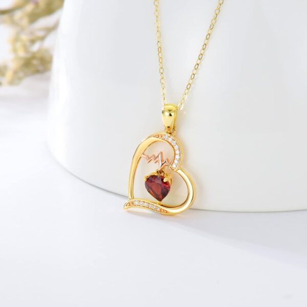 14K Gold Love Heart Pendant Necklace with Garnet, Heartbeat Necklace Valentine's Day Anniversary Jewelry Gift for Wife Mom - Image 3