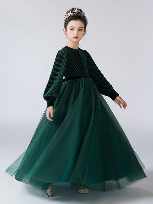 dideyttawl Girls Velvet Maxi Dress Long Sleeves Elegant Formal Dress Round Neckline Velvet Tulle Flower Girl Dress 4-16 Years - Image 2