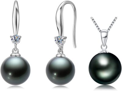 18K Gold 10-11mm Tahitian Pearl Pendant Necklace and 925 Sterling Silver 9-10mm Pearl Dangle Earrings Jewelry Set