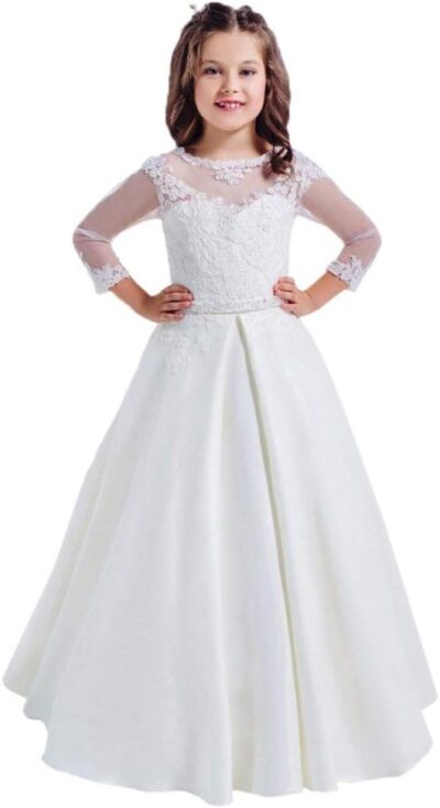 HEVECI White Holy Communion Dresses for Girls Long Sleeves Flower Girl Dress for Wedding