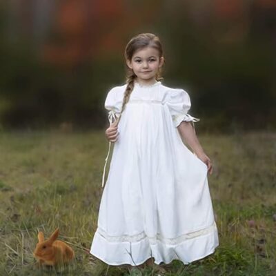 Girl Dress, White Heirloom Dress, Lace Crew Collar, Puff Sleeve, Cotton Kids Casual Clothing - Image 3