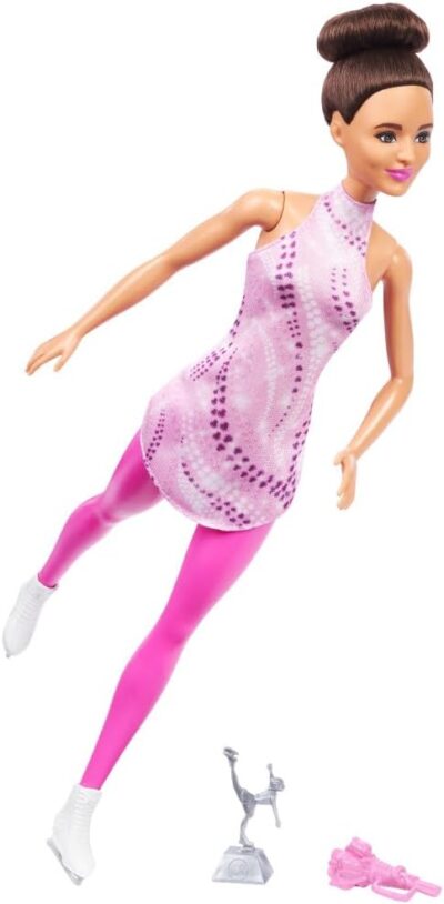 Barbie Careers Fashion Doll & Accessories, Brunette Ice Skater in Removable Pink Outfit with Ice Skates & Trophy