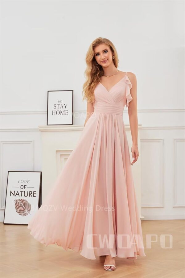 CWOAPO V Neck Bridesmaid Dresses for Wedding 2024 Long Chiffon Spaghetti Straps Formal Dress Ruffles A Line Evening Gowns - Image 2