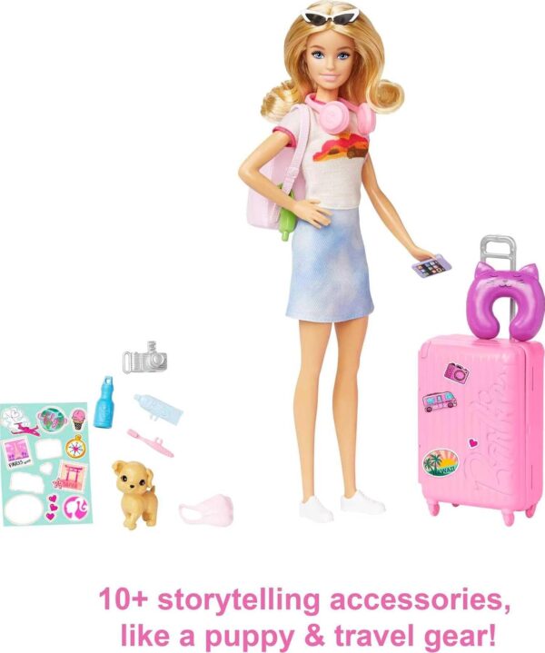 Barbie Doll & Accessories, Travel Set with Puppy and 10+ Pieces, Suitcase Opens & Closes, Barbie "Malibu" with Blonde Hair - Image 5