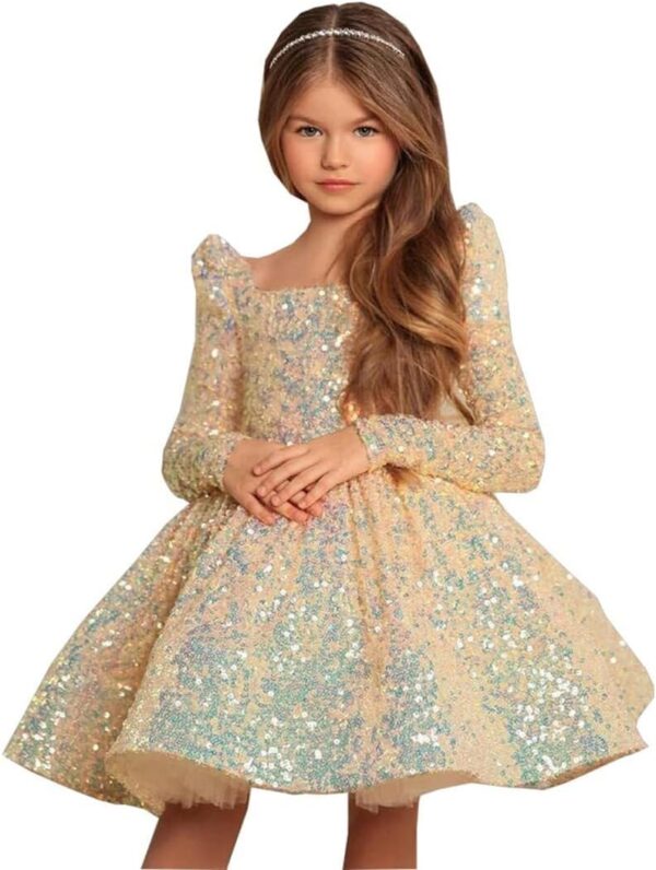 RYANTH Sequin Flower Girl Dress Long Sleeves Pageant Dress Short First Communion Dress with Bow Knot