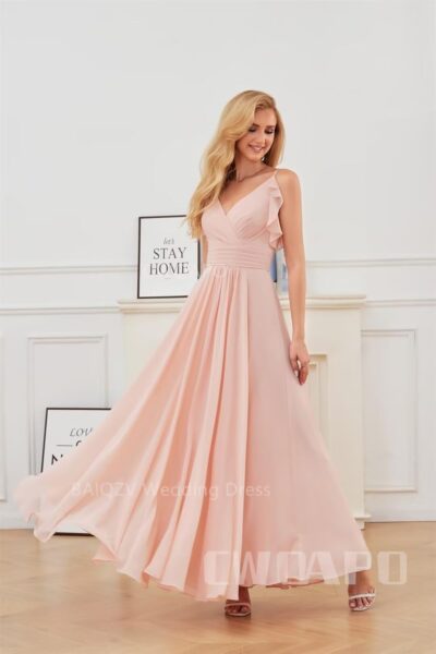 CWOAPO V Neck Bridesmaid Dresses for Wedding 2024 Long Chiffon Spaghetti Straps Formal Dress Ruffles A Line Evening Gowns - Image 4