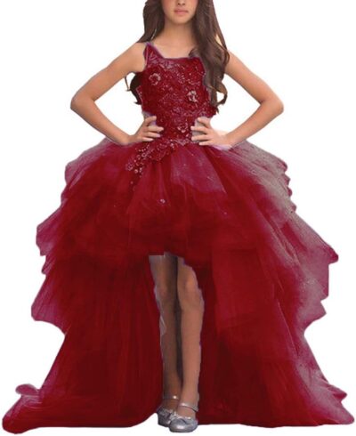 Girls' Adela Lace High Neck Pageant Dresses Ball Gown Hi-Low Applique