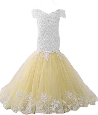 Girls' Lace Mermaid Flower Girl Dress Capped Sleeves Wedding Gown - Adela Collection