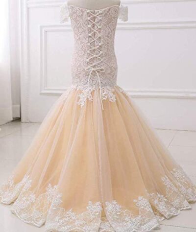 Girls' Adela Lace Mermaid Flower Dress Gown For Wedding With Capped Sleeves - Image 3