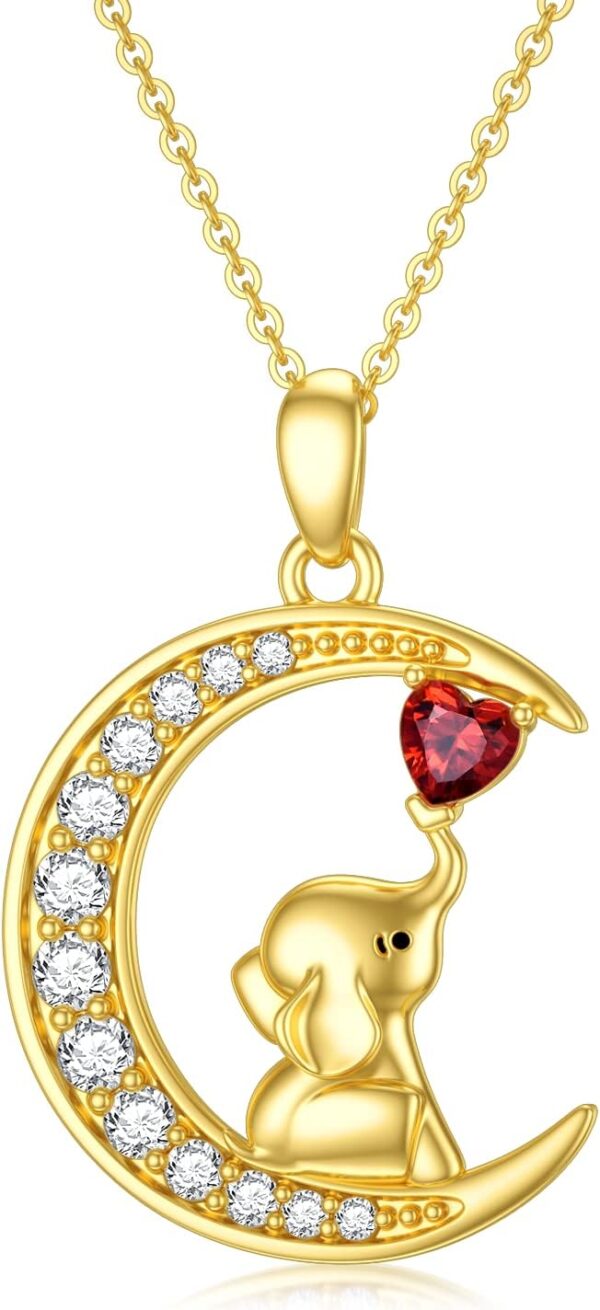 14K Gold Lucky Elephant Necklace with Garnet Moon Necklace with Moissanite Cute Animal Jewelry Gift for Women