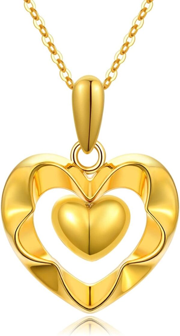 18kt Real Gold Heart Necklaces for Women, Forever Love You Gold Luster Love Hearts Pendant Anniversary Jewelry Gifts for Her, Mom, Wife, 18 Inch