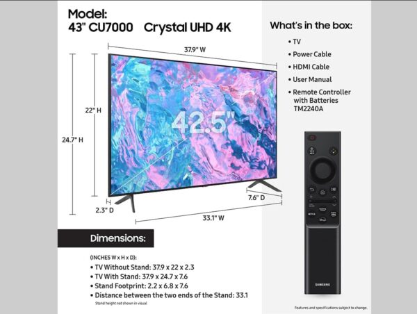 SAMSUNG 43-Inch Class Crystal UHD CU7000 Series Bluetooth PurColor Object Tracking Sound Lite Q-Symphony 4K Upscaling HDR10 Gaming Hub Smart TV Compatible with Alexa & Google Assistant(Renewed) - Image 3