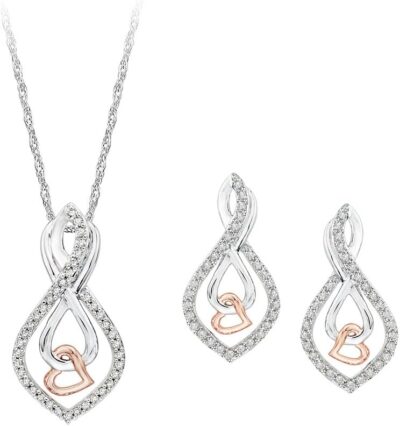 KATARINA Infinity Diamond Earrings and Pendant Necklace Jewelry Set in Sterling Silver Two Tone (3/8 cttw)