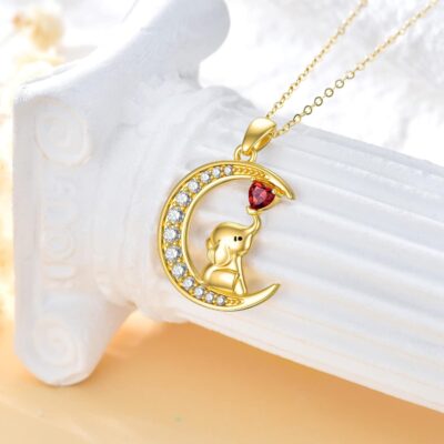 14K Gold Lucky Elephant Necklace with Garnet Moon Necklace with Moissanite Cute Animal Jewelry Gift for Women - Image 2