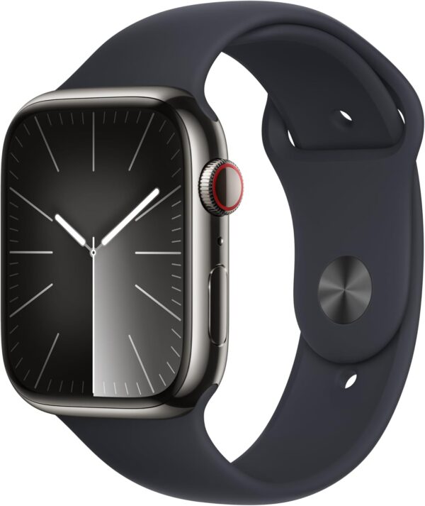 Apple Watch Series 9 [GPS + Cellular 45mm] Smartwatch with Graphite Stainless Steel Case with Midnight Sport Band M/L. Fitness Tracker, Blood Oxygen & ECG Apps, Always-On Retina Display