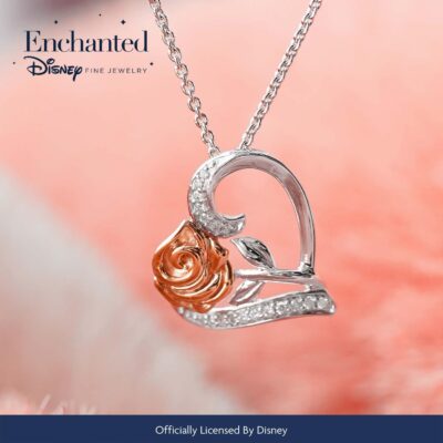 Disney Princess Belle Inspired Rose Pendant Necklace with 1/10 CTTW Diamond in 14K Rose Gold over Sterling Silver Enchanted Disney Fine Jewelry - Image 3