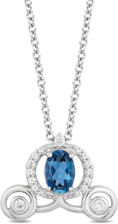 Jewelili Disney Princess Cinderella Inspired Carriage Pendant Necklace for Women with 1/10 CTTW Diamond and London Blue Topaz in Sterling Silver Enchanted Disney Fine Jewelry