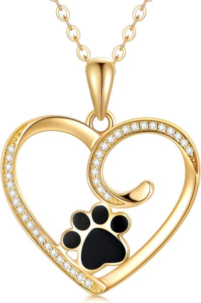 14K Gold Heart Paw Print Necklace - Real Gold Dog Cat Pendant for Women - 16-18" Adjustable